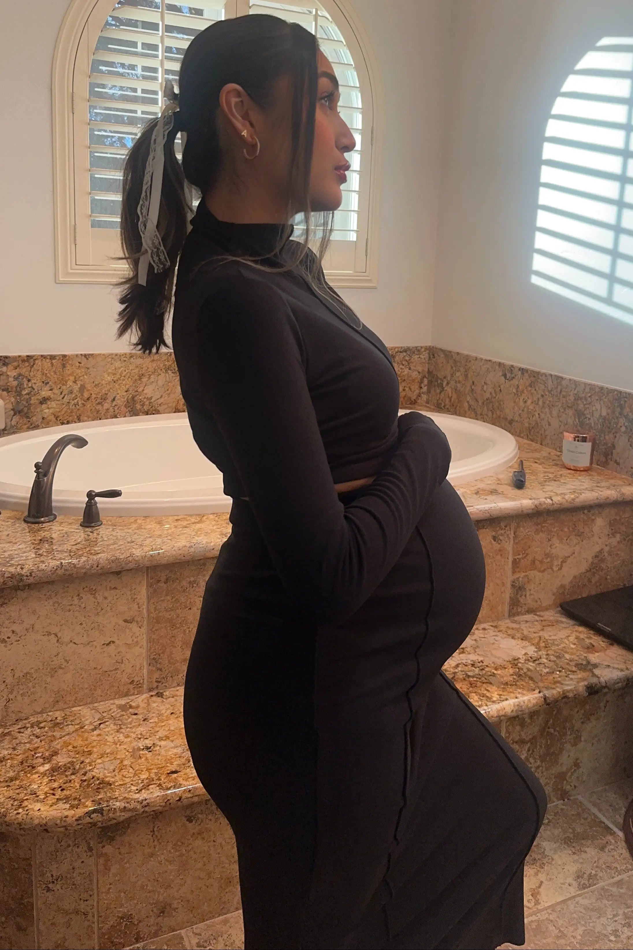 Black Mock Neck Long Sleeve Crop Maternity Midi Skirt Set PinkBlush