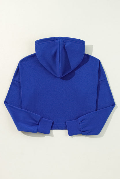 Chic dark blue cropped hoodie with drawstring hood and drop shoulder design