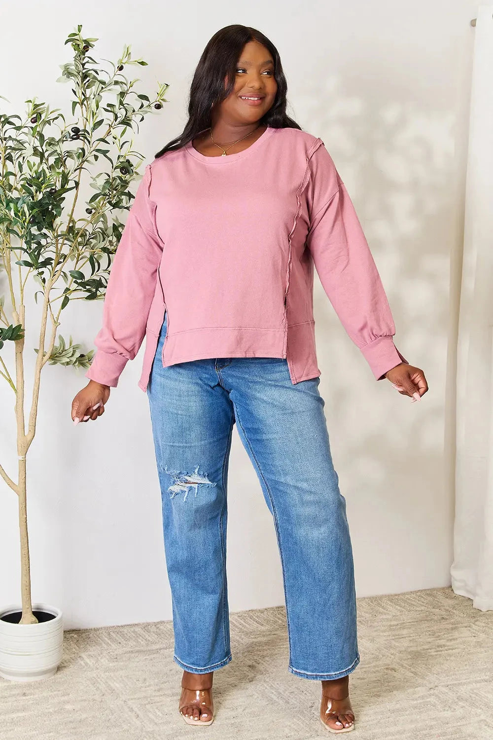 Culture Code Full Size Round Neck Exposed Seam Slit Top Coco’s Tee Boutique