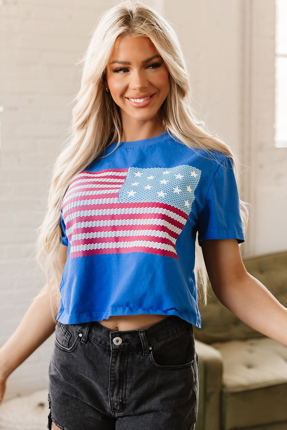 Teal American Flag Crew Neck Short Sleeve Tee