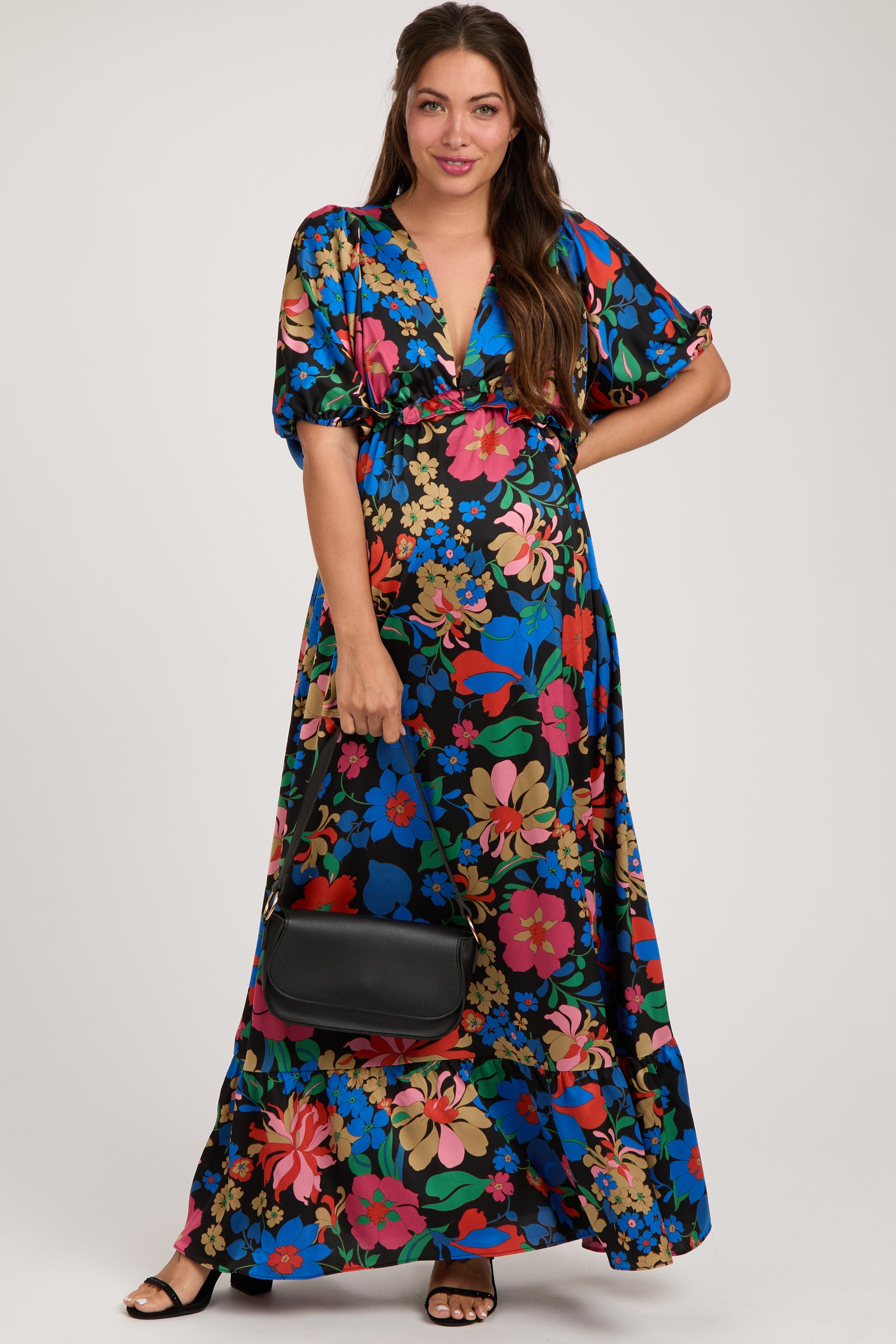 Black Floral Satin Deep V-Neck Puff Sleeve Maternity Maxi Dress PinkBlush