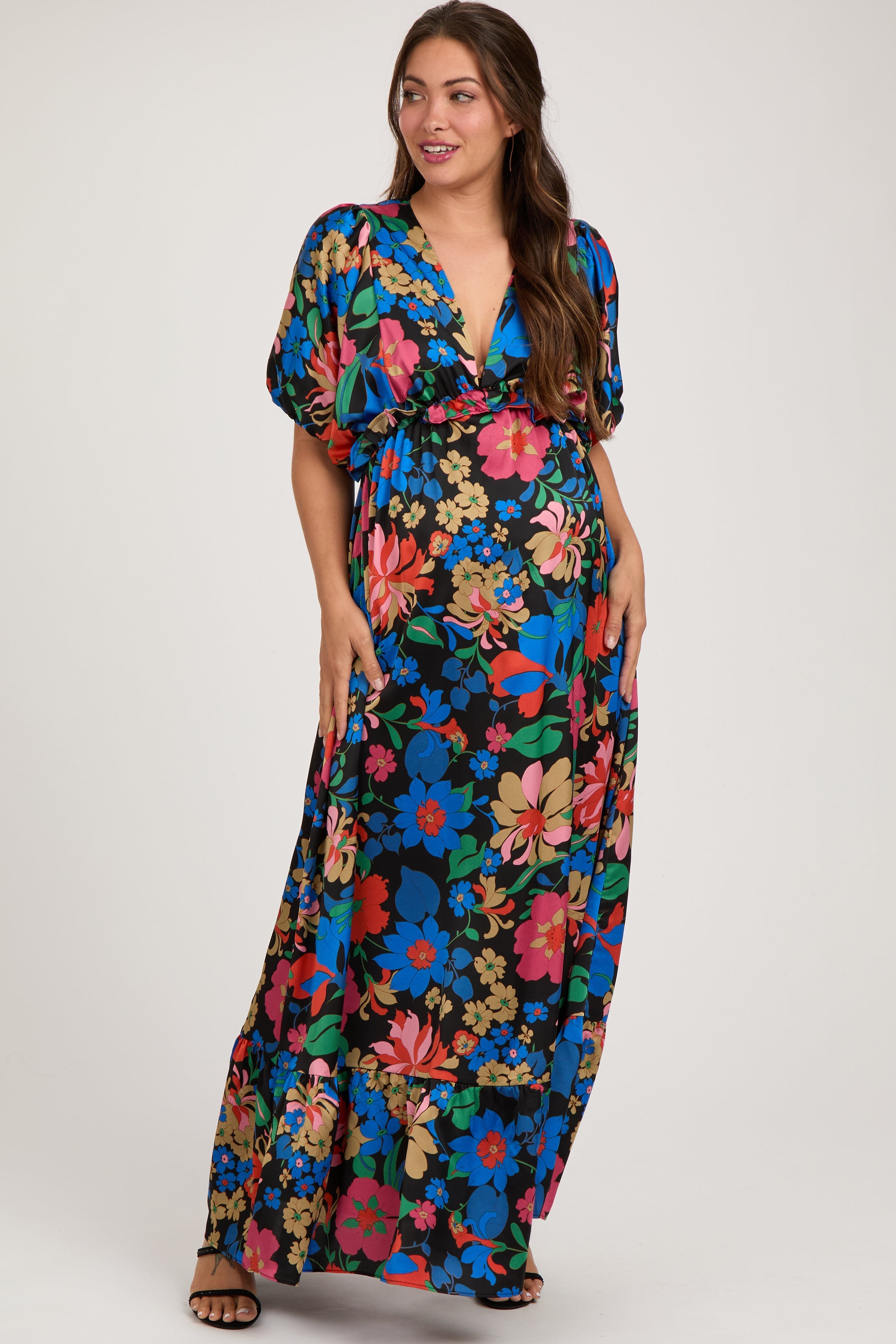 Black Floral Satin Deep V-Neck Puff Sleeve Maternity Maxi Dress PinkBlush
