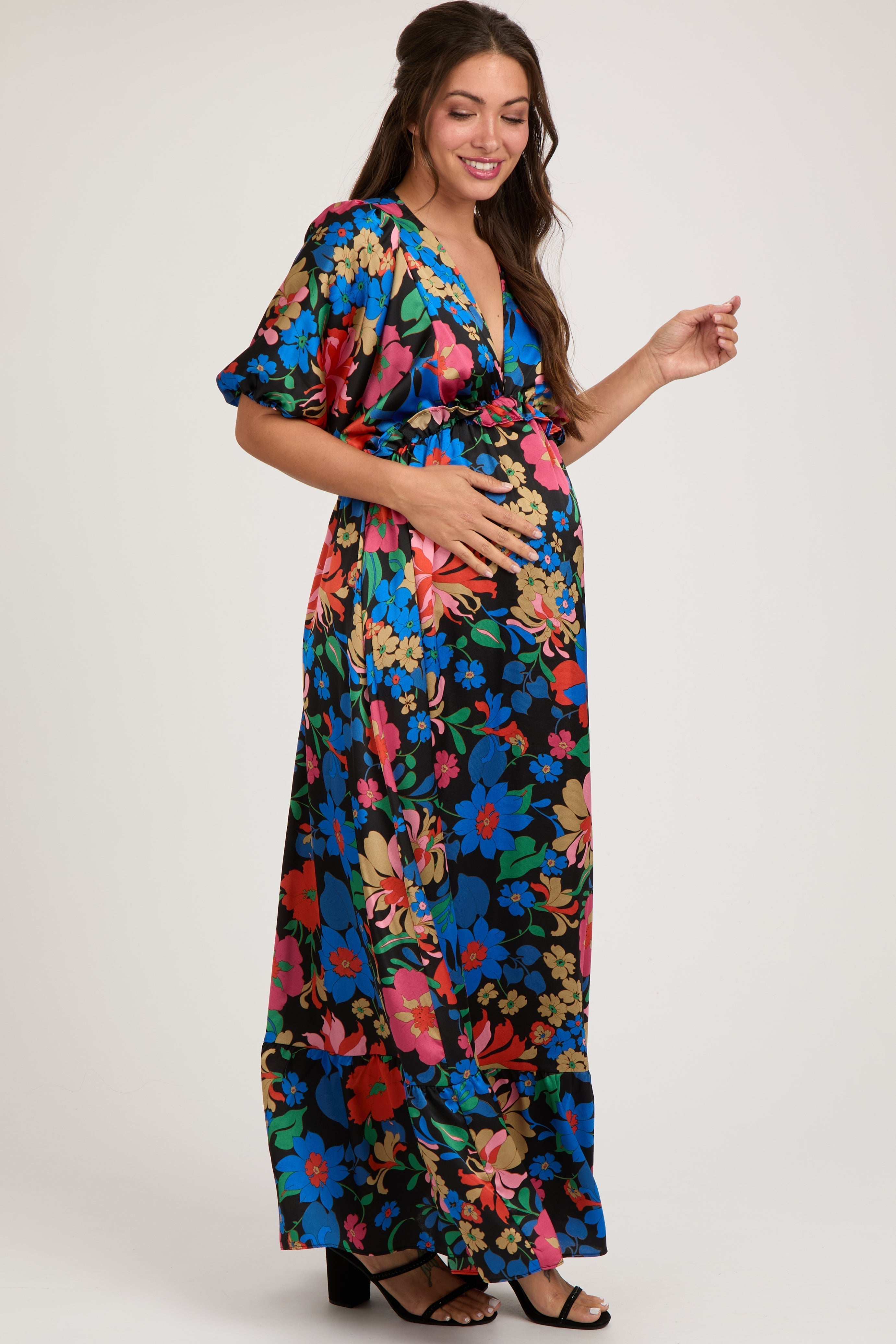 Black Floral Satin Deep V-Neck Puff Sleeve Maternity Maxi Dress PinkBlush