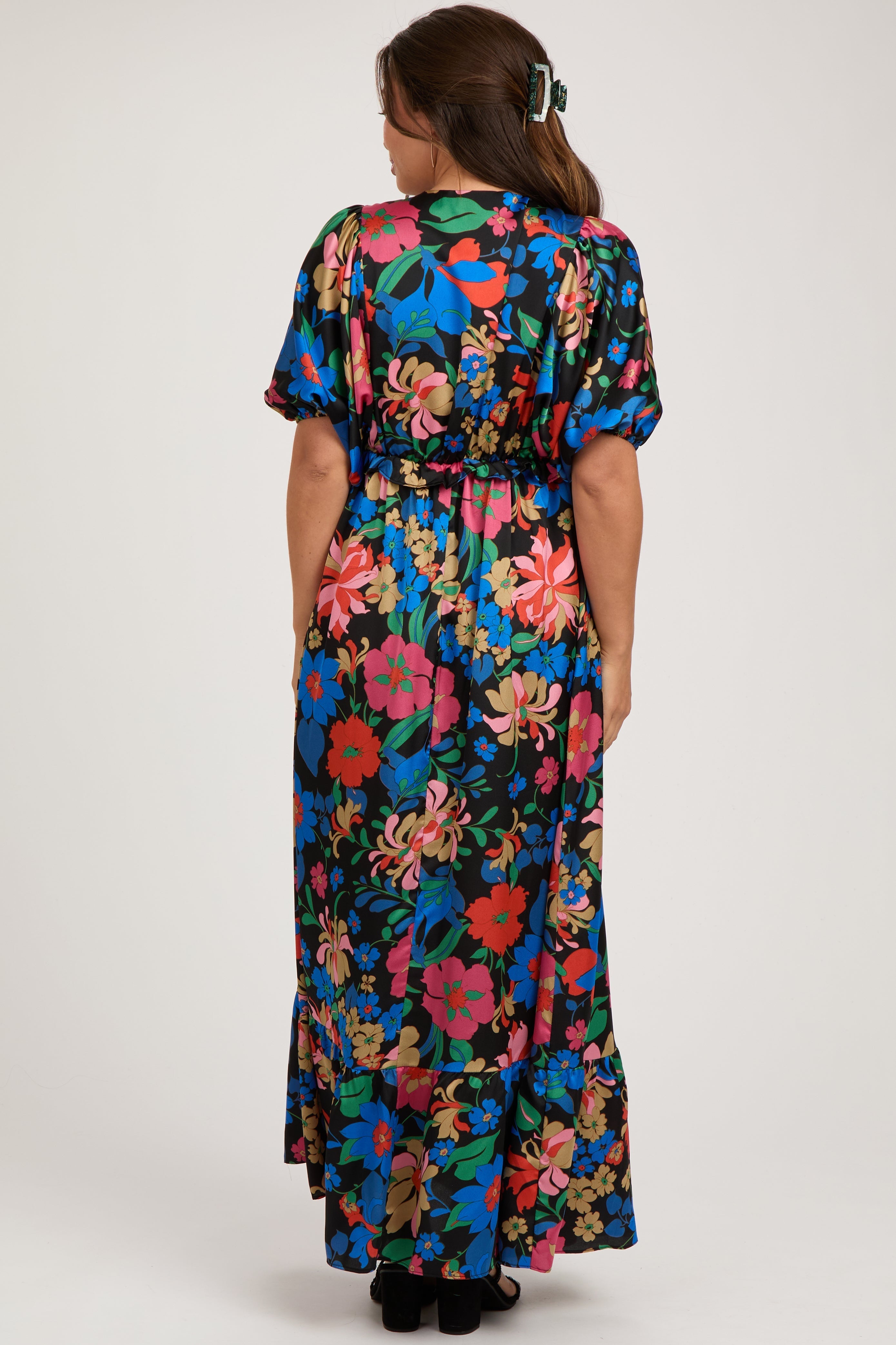 Black Floral Satin Deep V-Neck Puff Sleeve Maternity Maxi Dress PinkBlush
