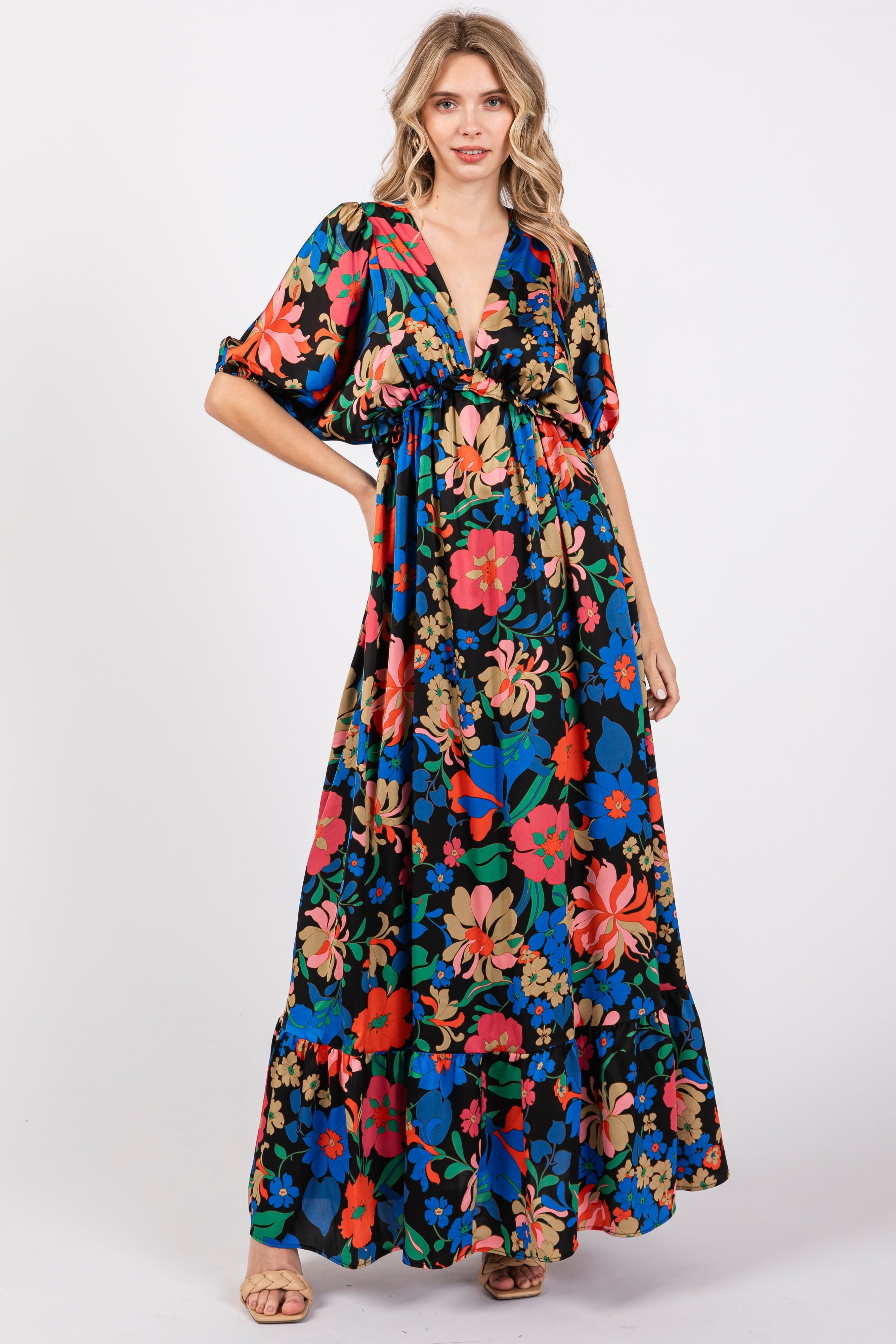 Black Floral Satin Deep V-Neck Puff Sleeve Maternity Maxi Dress PinkBlush