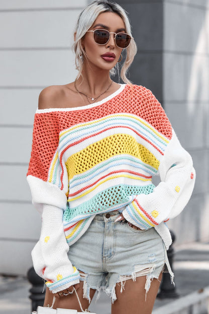 Openwork Striped Round Neck Long Sleeve Sweater.