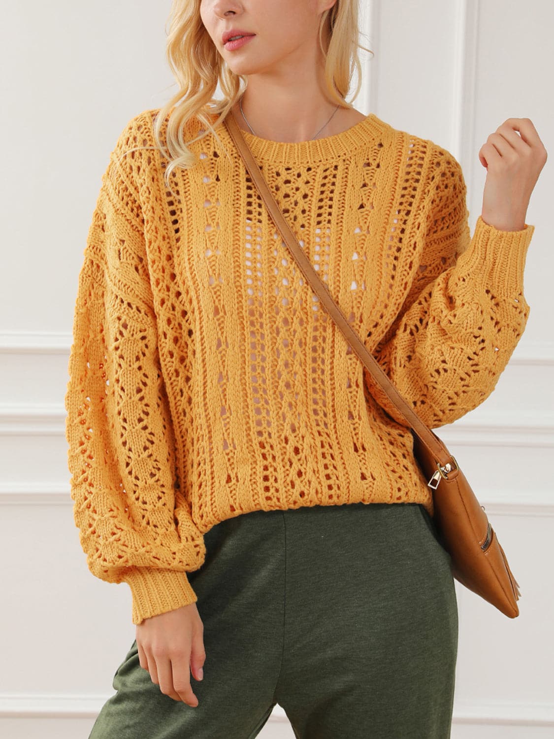 Openwork Round Neck Long Sleeve Sweater.