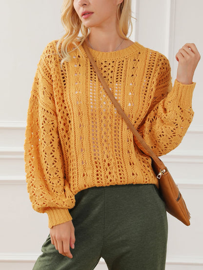 Openwork Round Neck Long Sleeve Sweater.