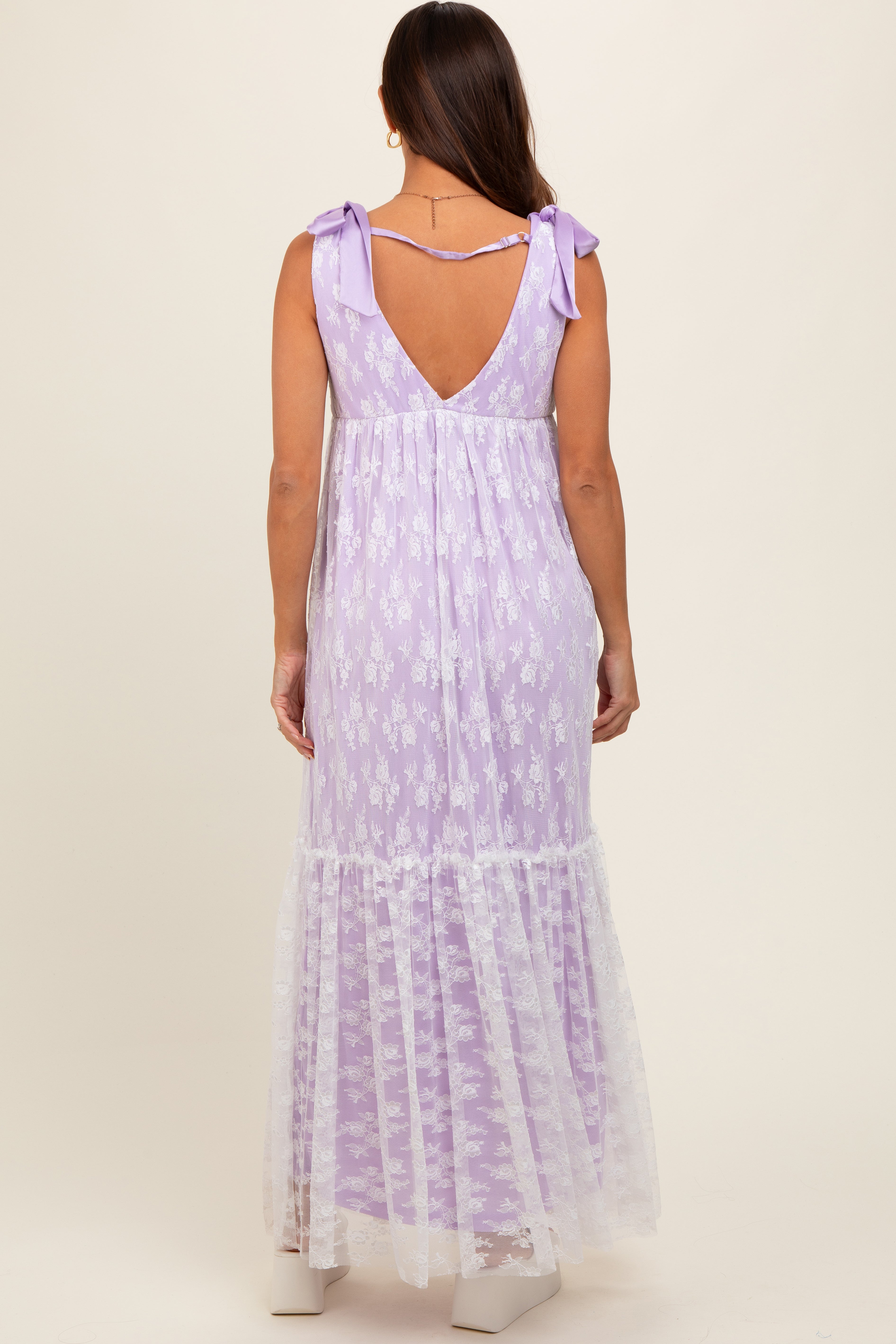Lavender V-Neck Satin Tie Lace Overlay Maternity Maxi Dress PinkBlush