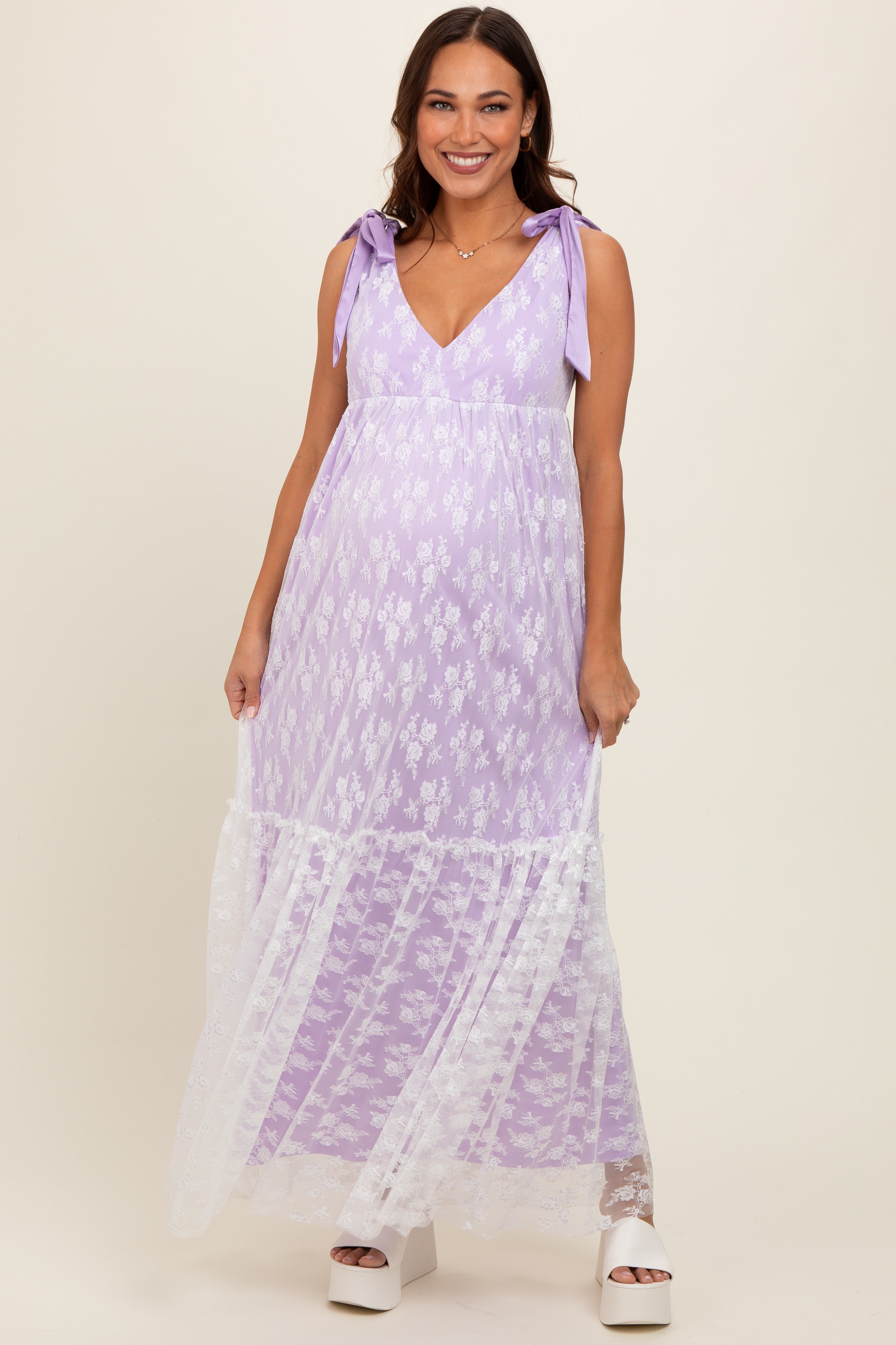 Lavender V-Neck Satin Tie Lace Overlay Maternity Maxi Dress PinkBlush