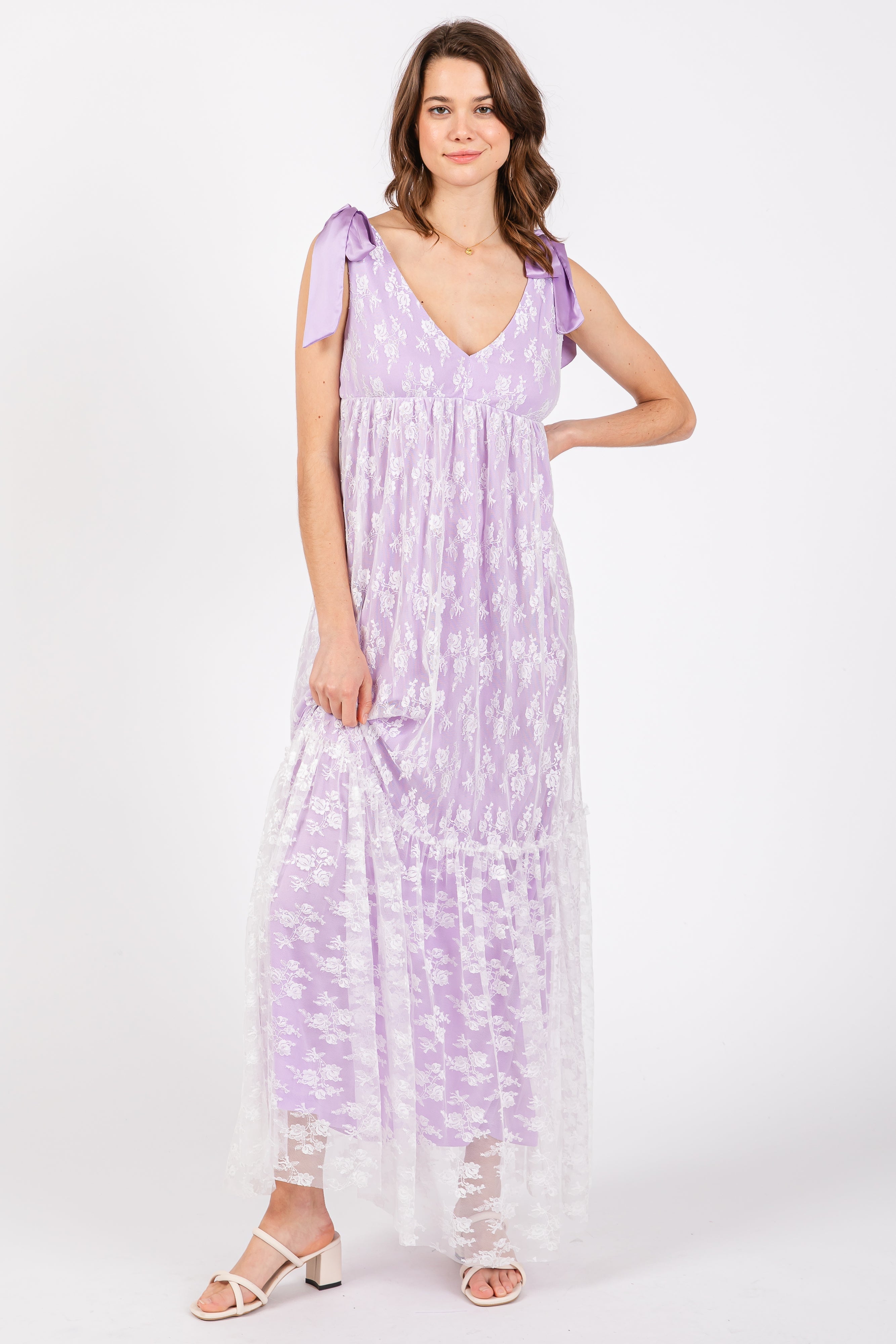 Lavender V-Neck Satin Tie Lace Overlay Maternity Maxi Dress PinkBlush