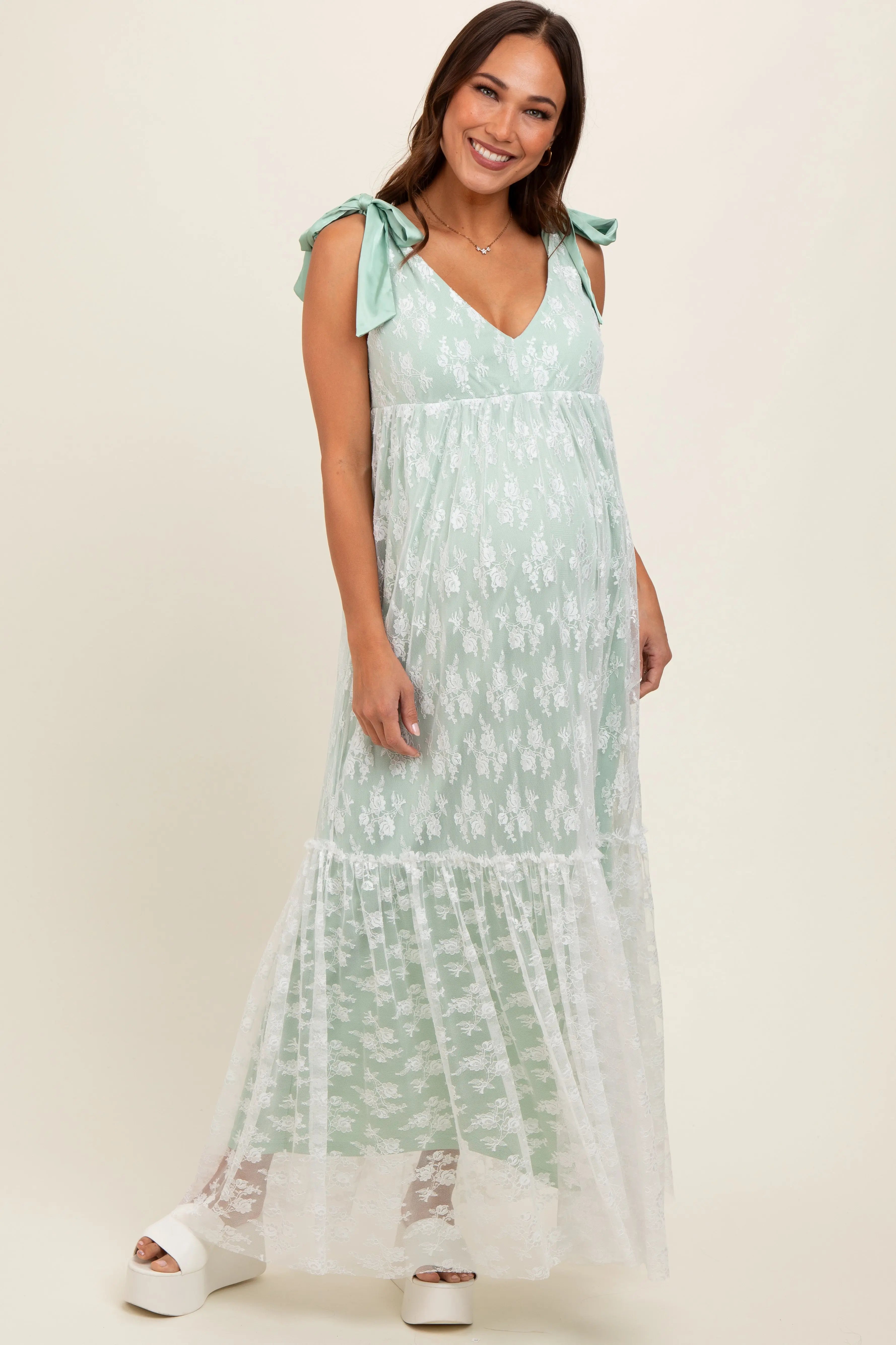 Light Olive V-Neck Satin Tie Lace Overlay Maternity Maxi Dress PinkBlush