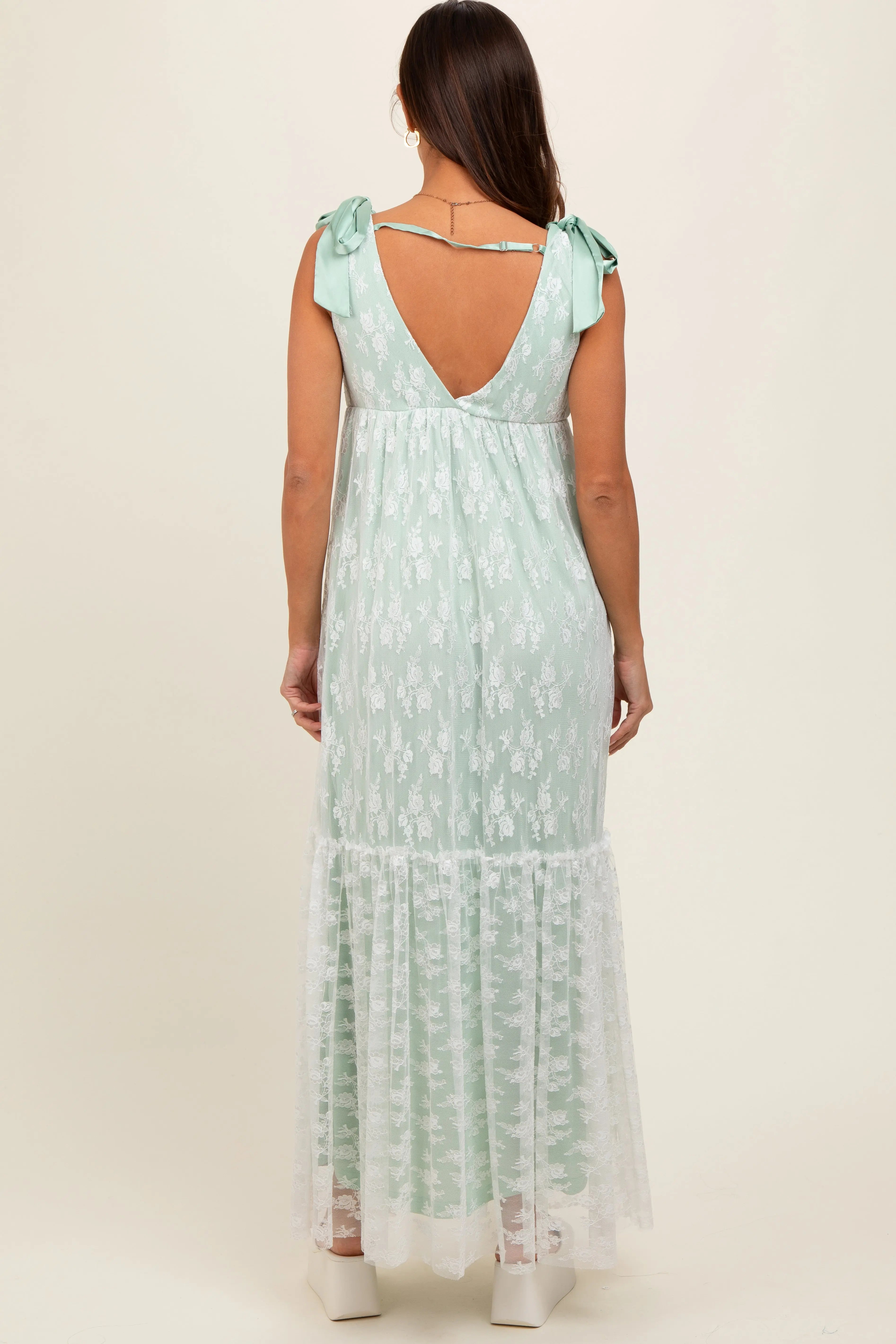 Light Olive V-Neck Satin Tie Lace Overlay Maternity Maxi Dress PinkBlush