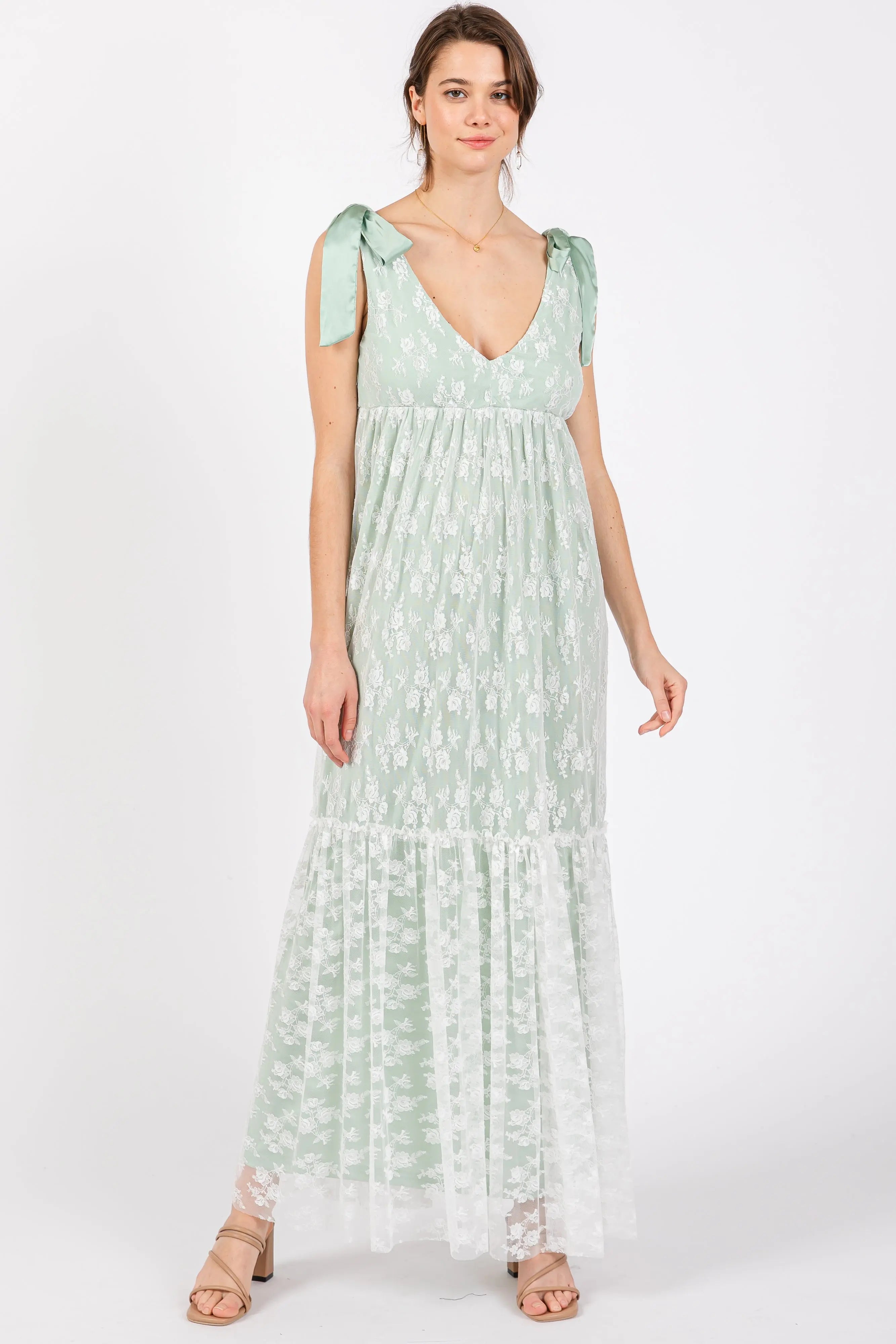 Light Olive V-Neck Satin Tie Lace Overlay Maternity Maxi Dress PinkBlush