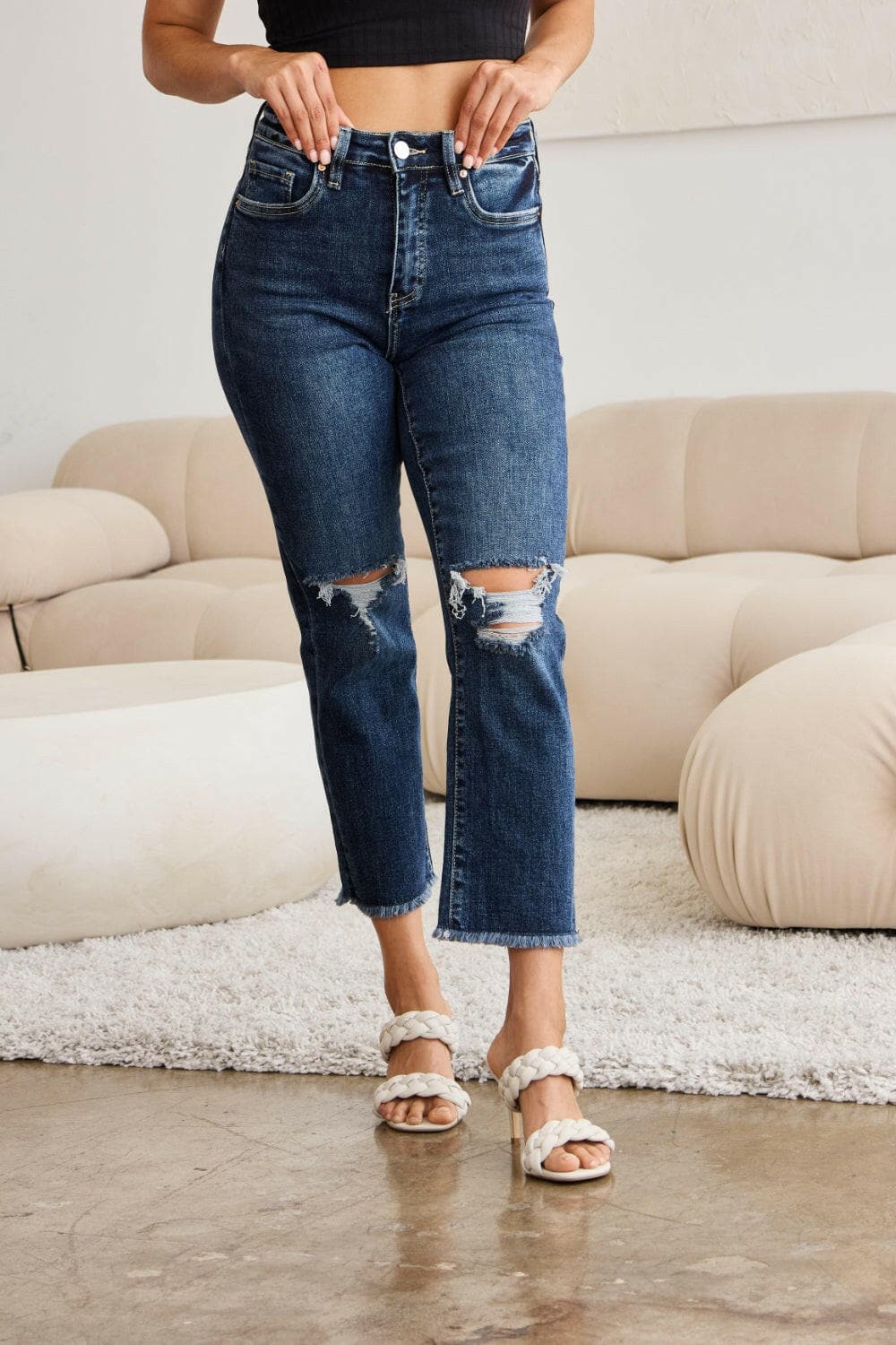 RFM Full Size Tummy Control Distressed High Waist Raw Hem Jeans.