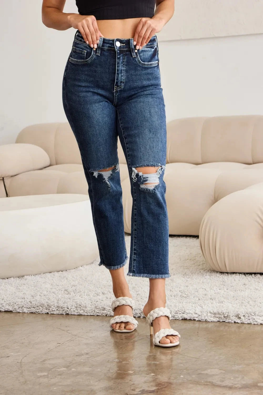 RFM Crop Dylan Full Size Tummy Control Distressed High Waist Raw Hem Jeans Coco’s Tee Boutique