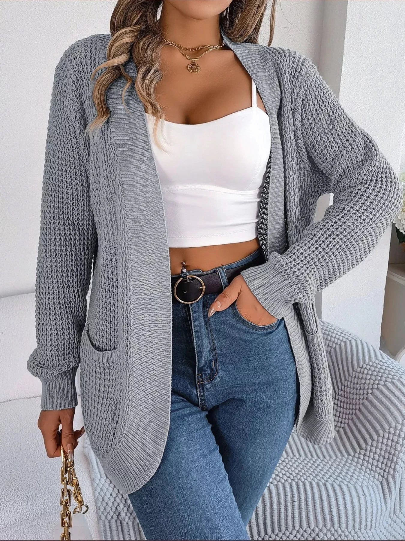 Chunky Knit Open Front Cardigan with Pockets Coco’s Tee Boutique
