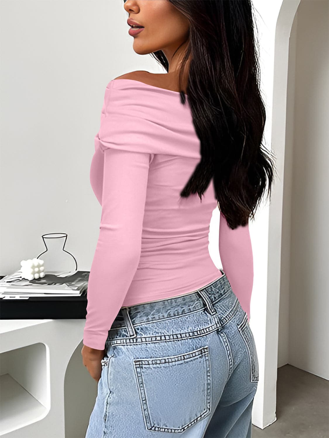 Ruched One Shoulder Long Sleeve T-Shirt.