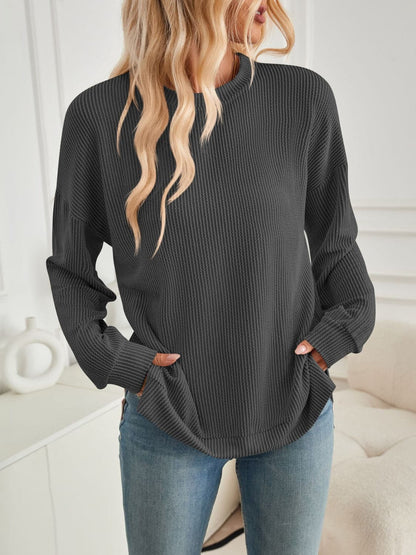 Slit Round Neck Long Sleeve Sweatshirt.