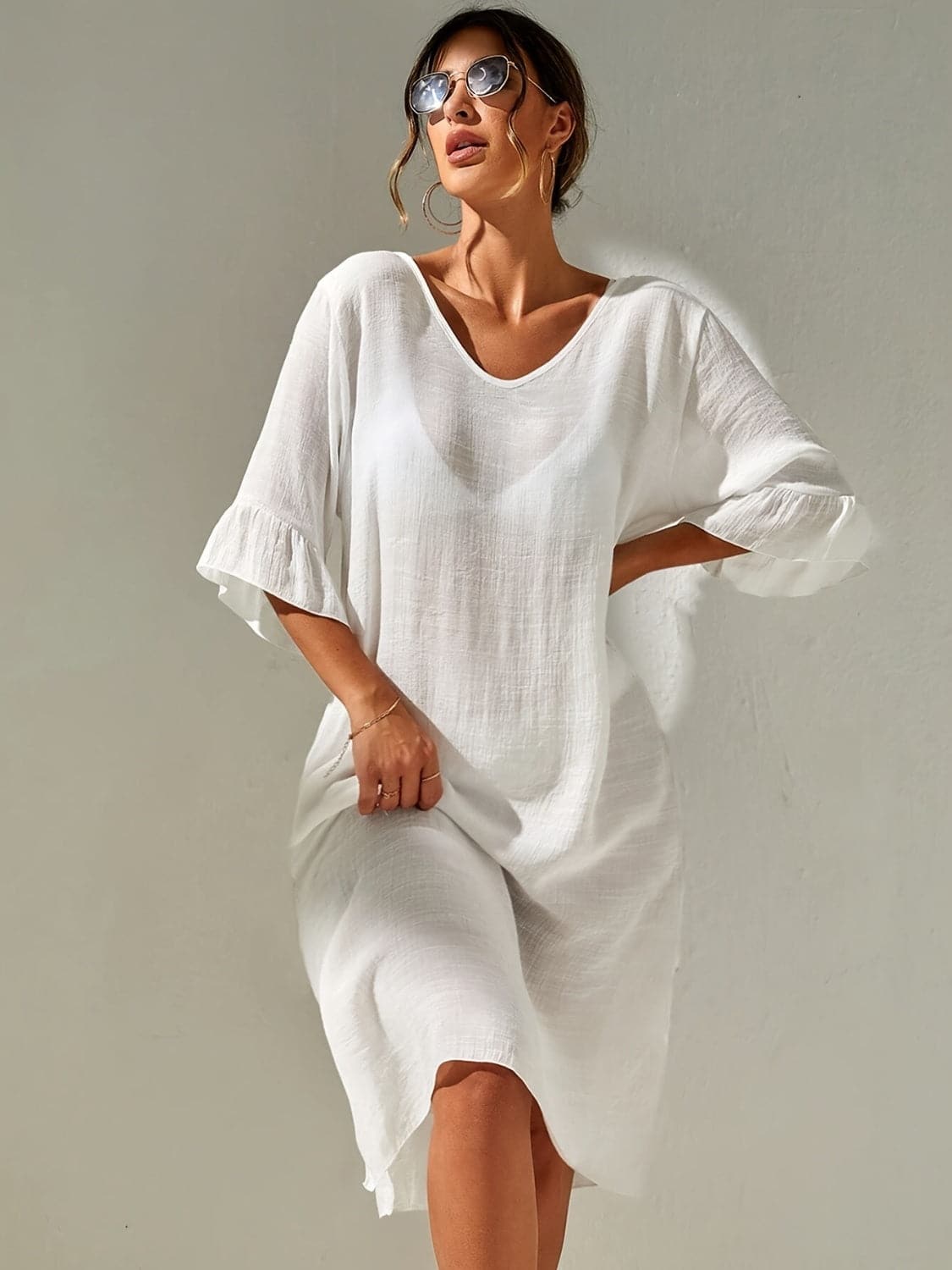 Slit V-Neck Flounce Sleeve Cover-Up.