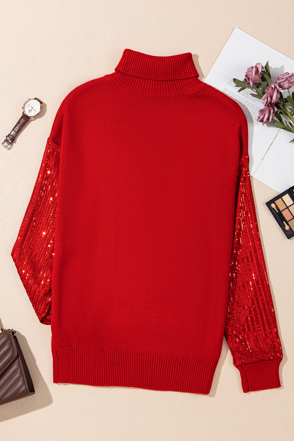 Festive Racing Red Sequin Sleeve Turtleneck Christmas Sweater