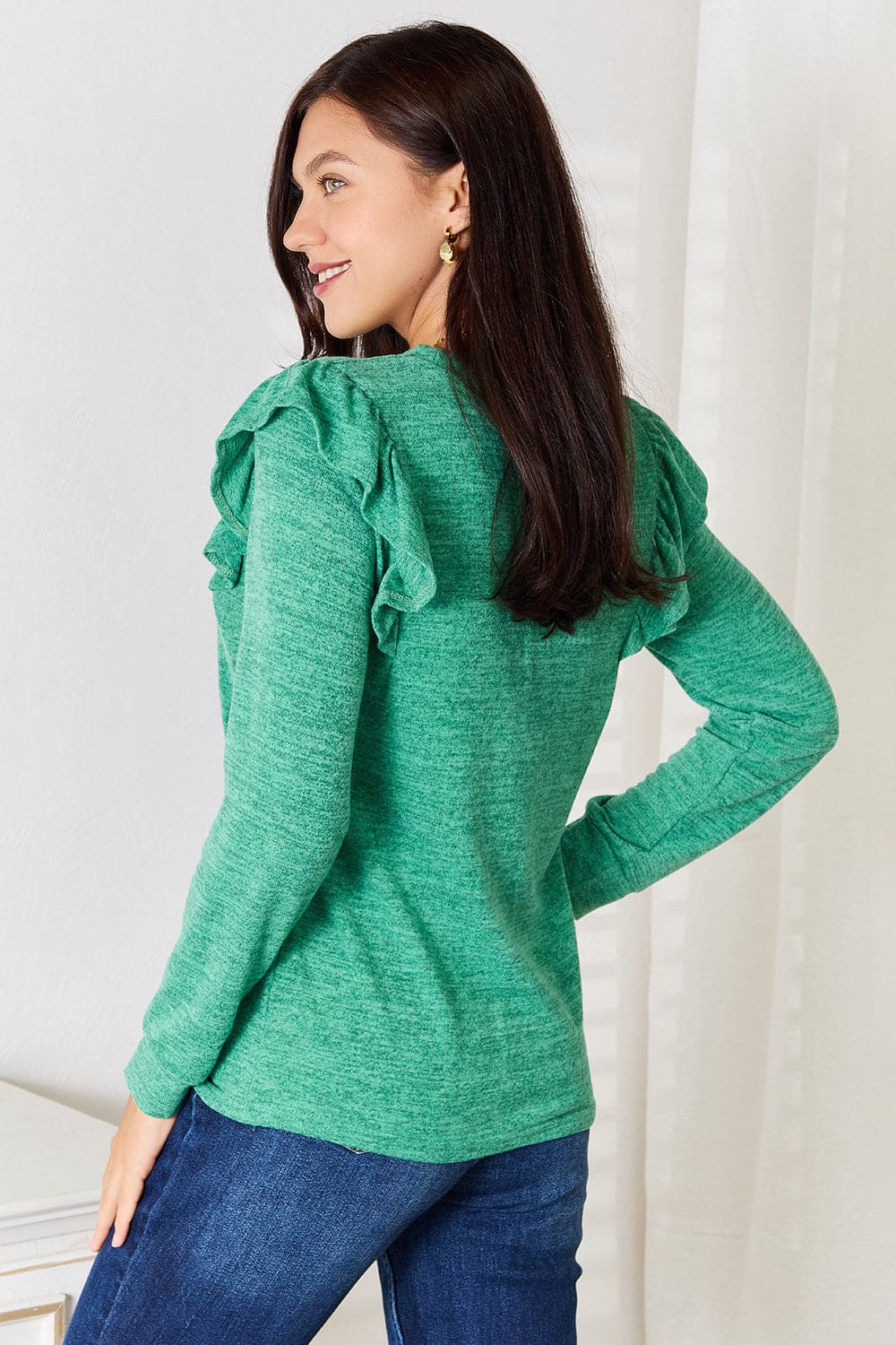 Double Take Ruffle Shoulder Long Sleeve T-Shirt.