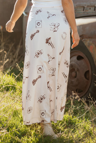 Beige Western Print Satin Long Skirt for Stylish Outfits