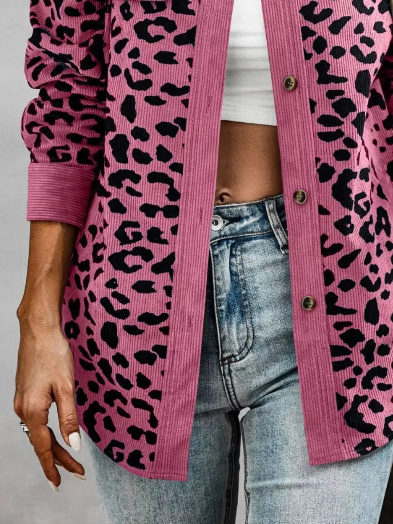 Full Size Leopard Print Button-Down Jacket Plus Size Simply Love