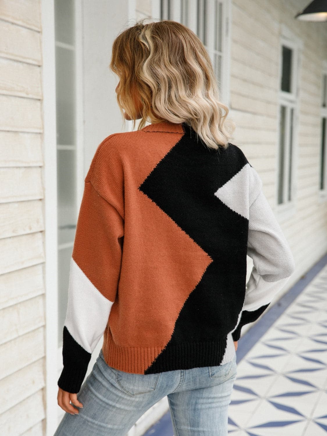 Color Block Round Neck Dropped Shoulder Sweater.