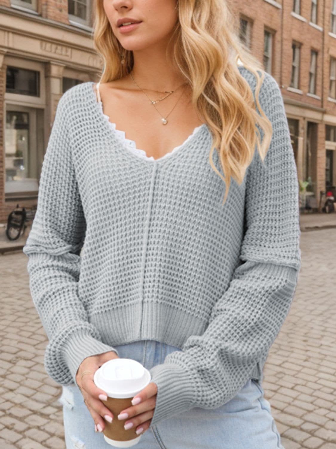 Chic V-neck long sleeve knit sweater