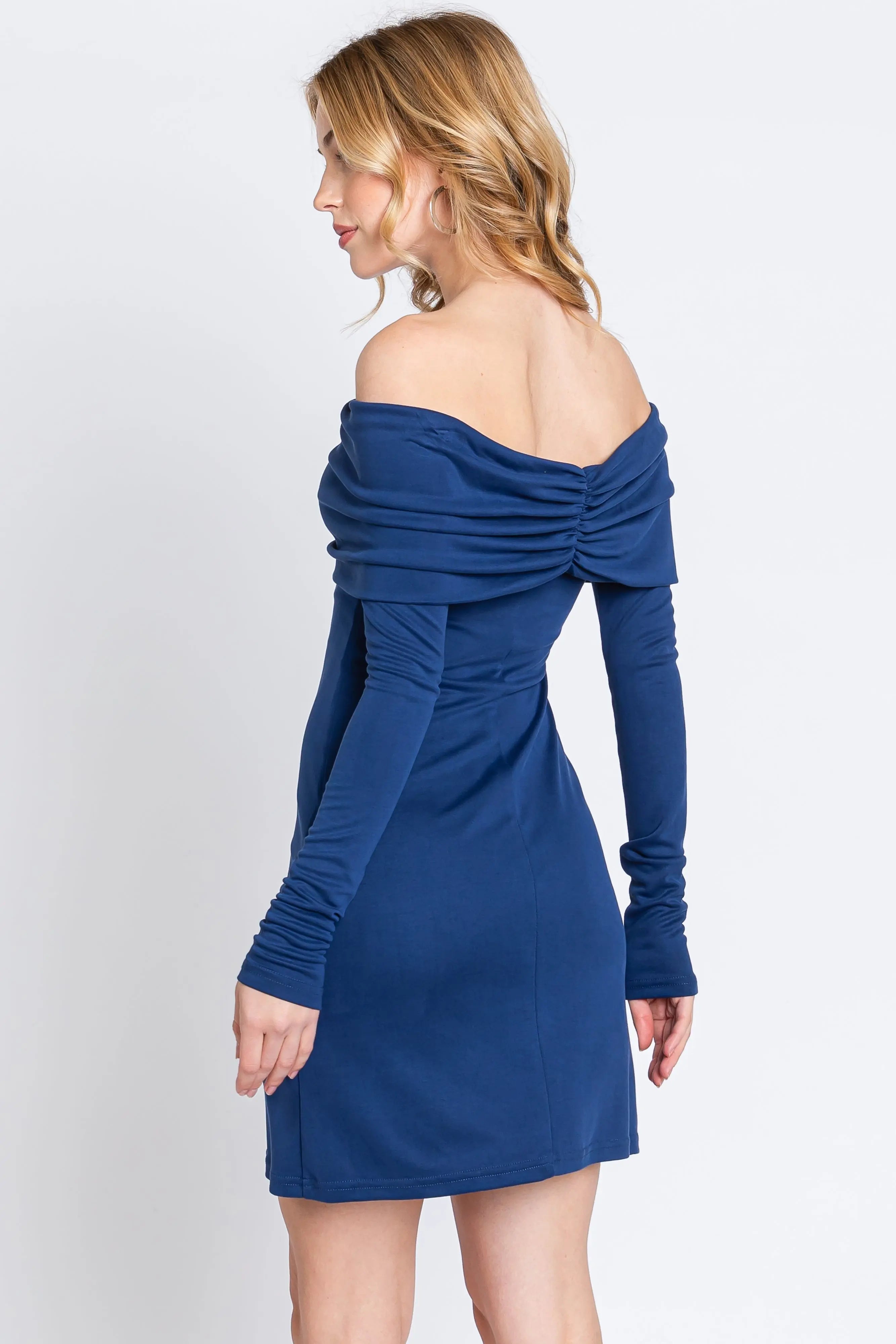 Navy Blue Foldover Off Shoulder Long Sleeve Dress PinkBlush