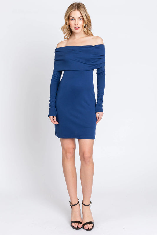 Navy Blue Foldover Off Shoulder Long Sleeve Dress PinkBlush
