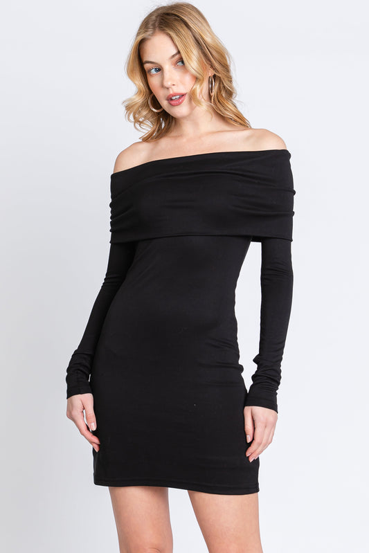 Black Foldover Off Shoulder Long Sleeve Dress PinkBlush