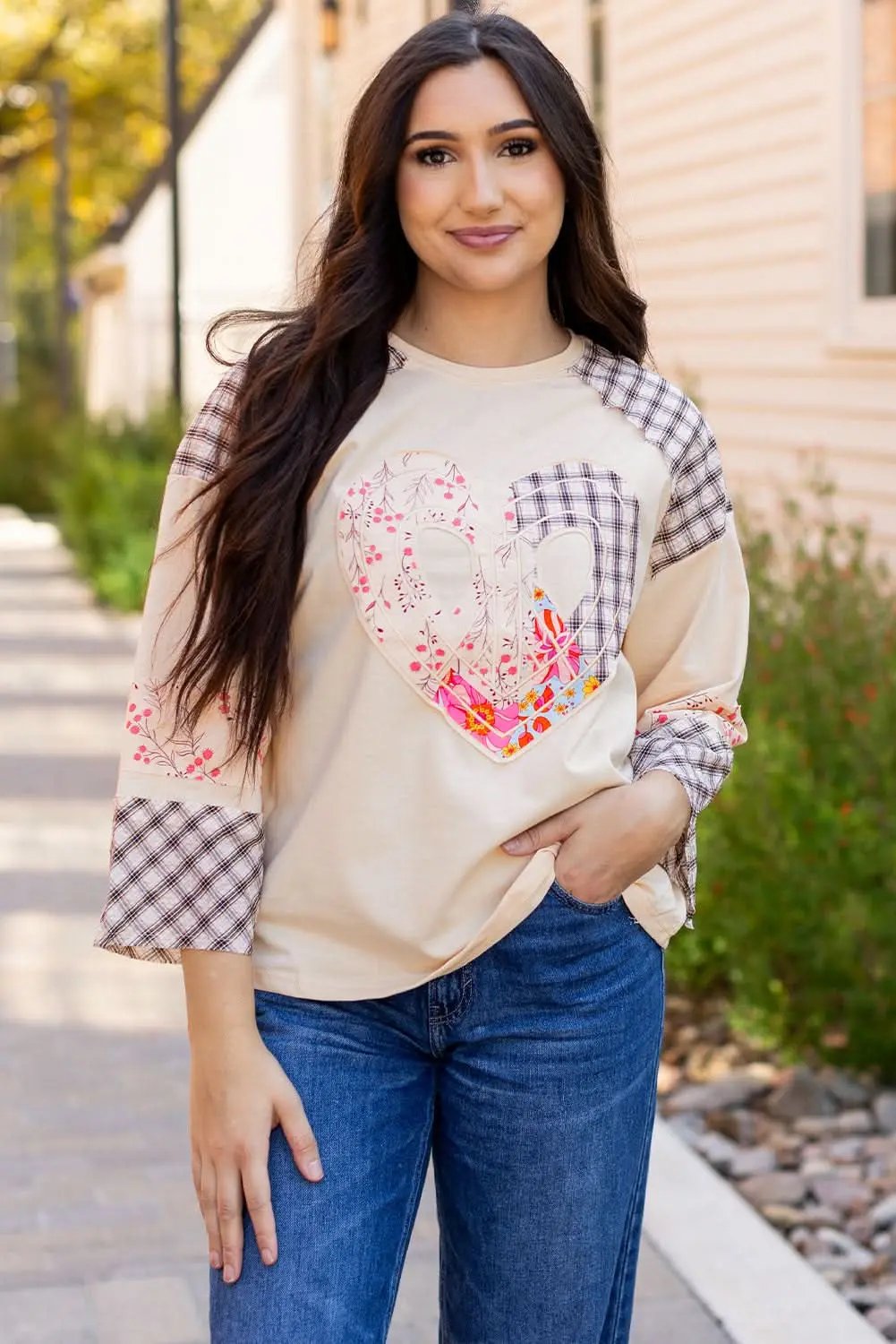 Beige Plaid Floral Peace Heart Graphic Wide Long Sleeve Top - Love Salve 