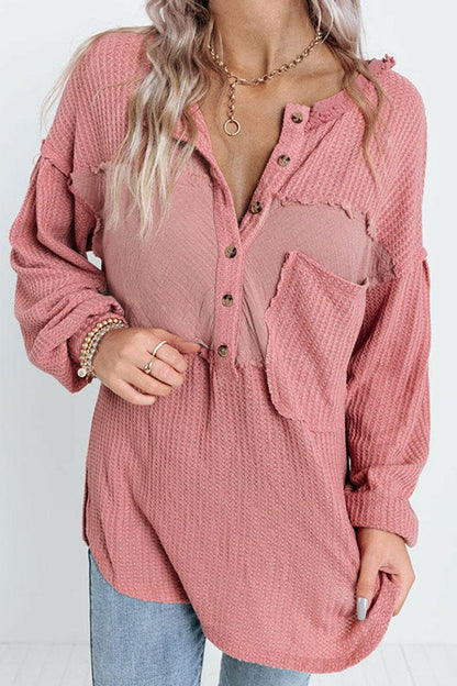 Half Button Raw Hem Long Sleeve Blouse.