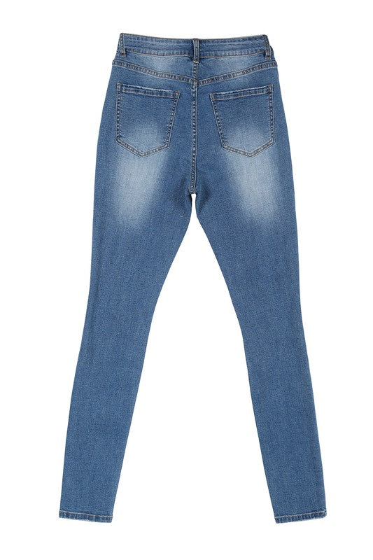 Stylish dark wash distressed skinny jeans for a trendy look