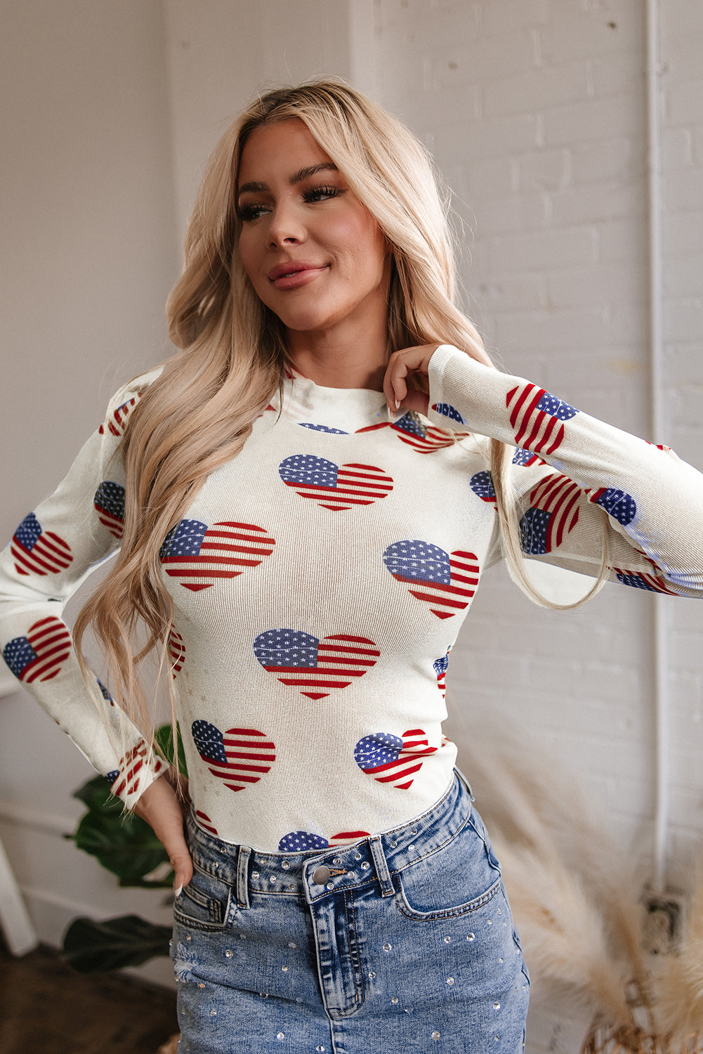 White Americana Glitter Mesh Long Sleeve Bodysuit for Women
