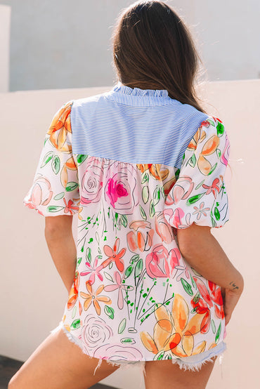 Cameron Floral Striped Yoke Blouse with Puff Short Sleeves and Frilled V Neck - Love Salve 