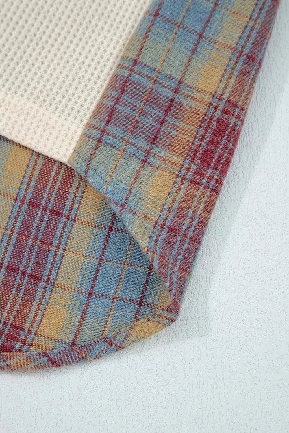 Waffle Knit Plaid Patchwork Long Sleeve Blouse Simply Love