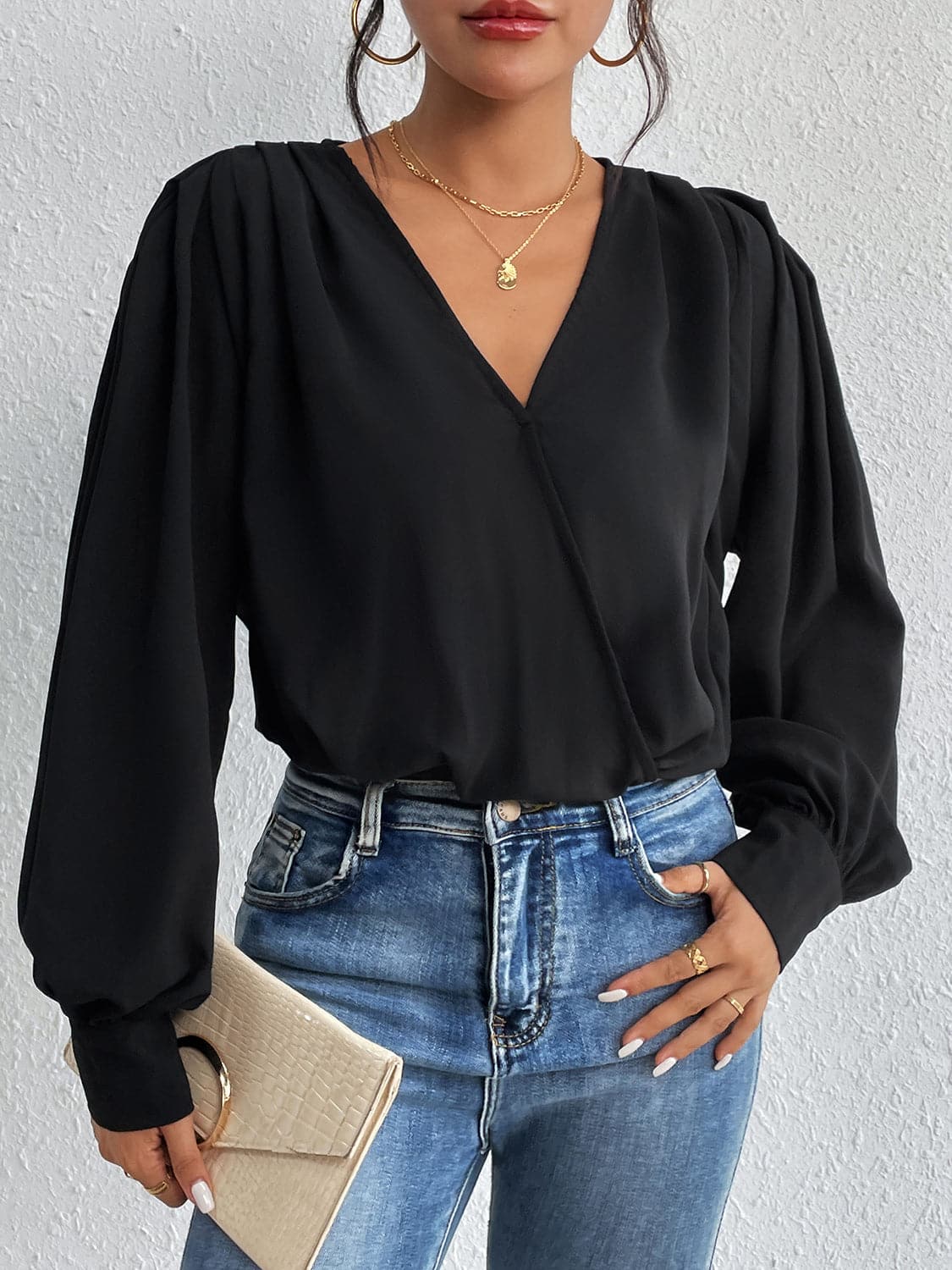 Surplice Ruched Long Sleeve Bodysuit.