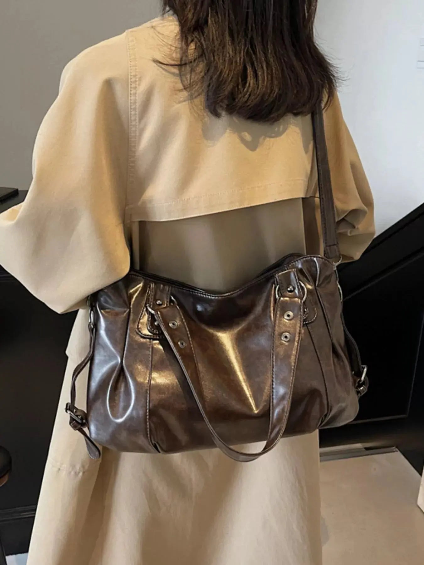 Vintage Style PU Leather Handbag Large Tote With Shoulder Straps Simply Love