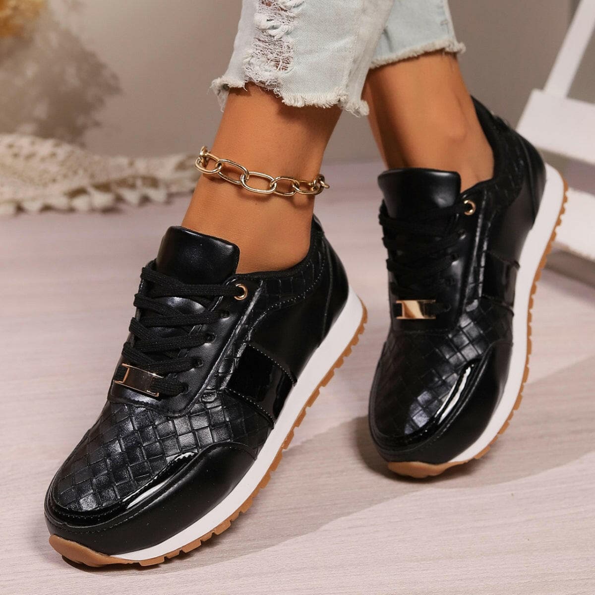 Lace-Up PU Leather SneakersLace-Up PU Leather Sneakers
 Step up your style game with our Lace-Up PU Leather Sneakers. Elevate your footwear collection with these sleek and comfortable sneakersLove Salve PU Leather SneakersShoes