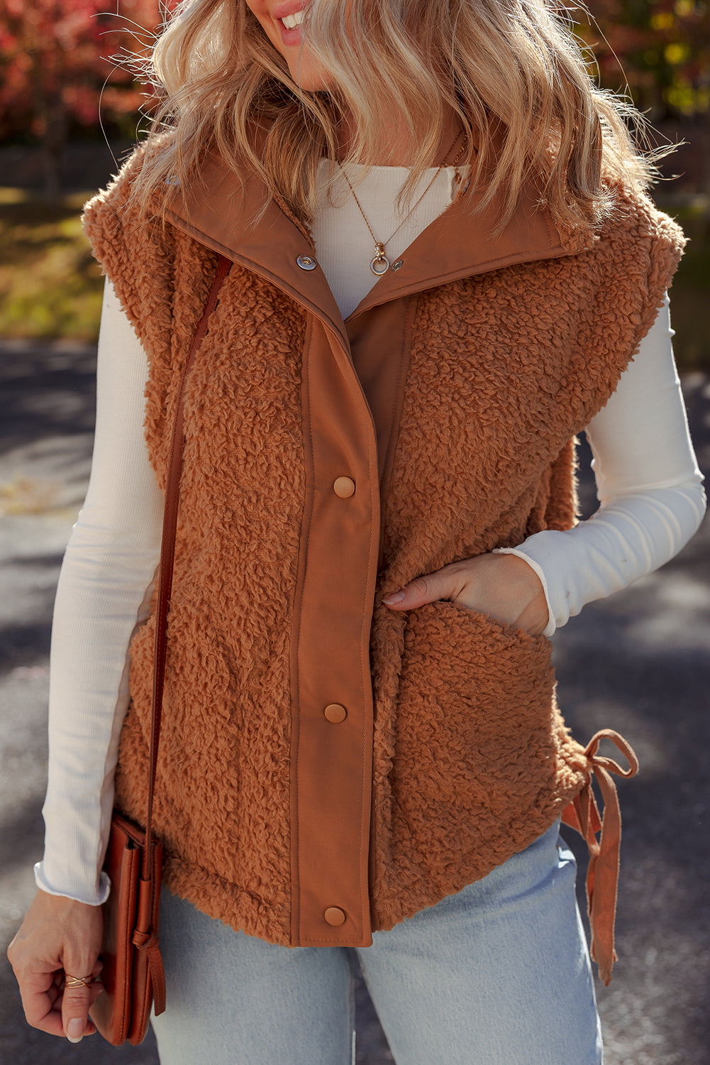 Premium Cinnamon Faux Fur Vest Snap Button Front Knot Side Pockets