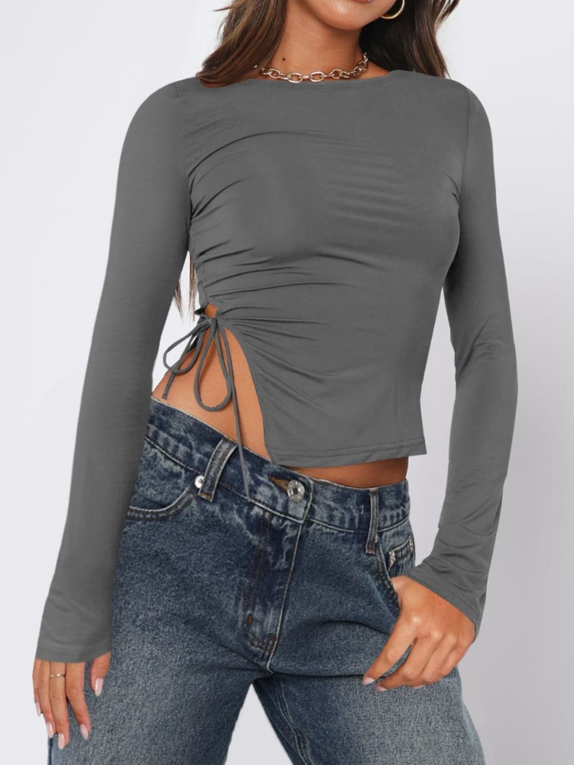 Chic tied slit long sleeve tee