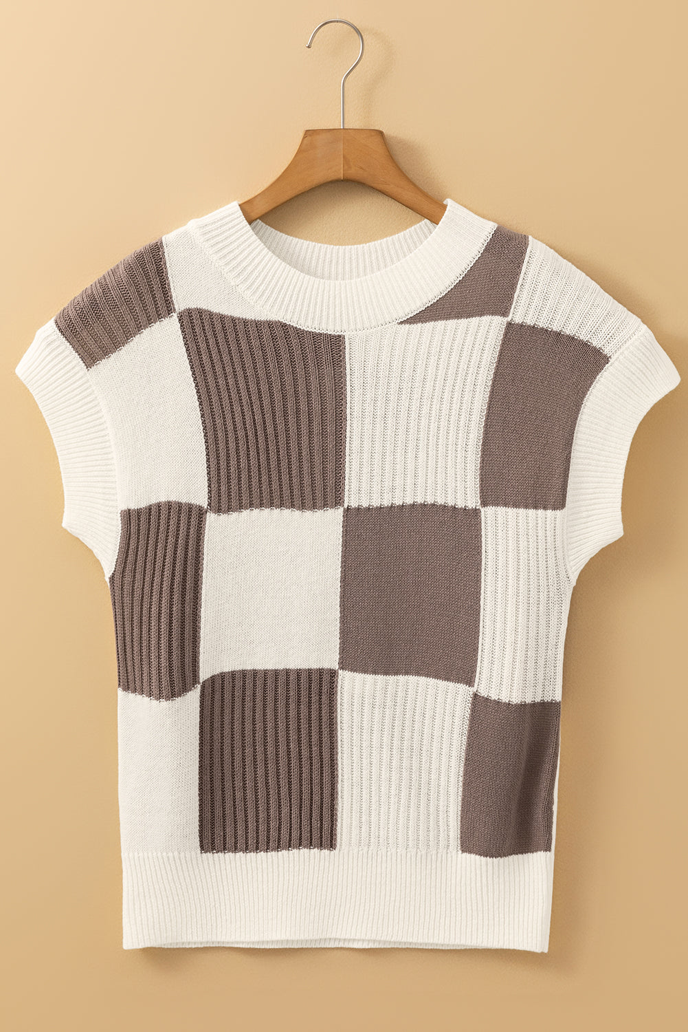 Khaki Plaid Color Block Short Sleeve Knit Sweater