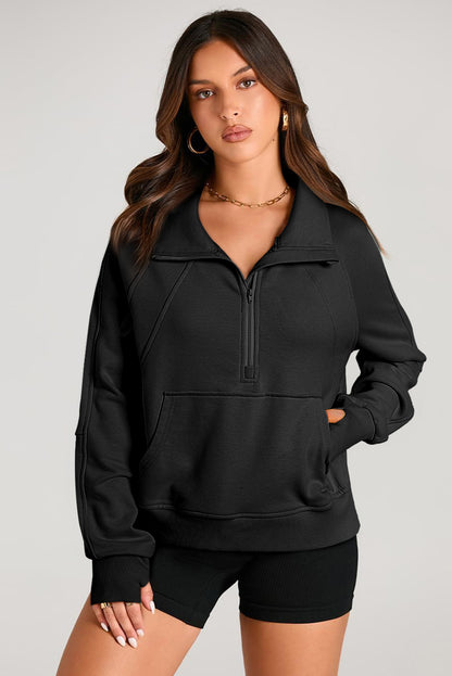 Chic black quarter zip sweatshirt with kangaroo pocket