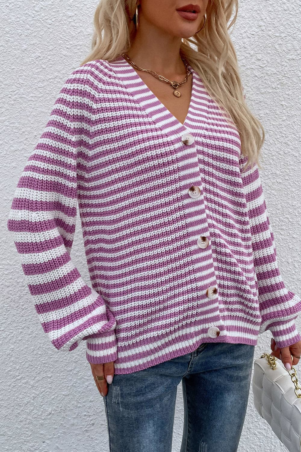 Striped V-Neck Button-Down Cardigan.