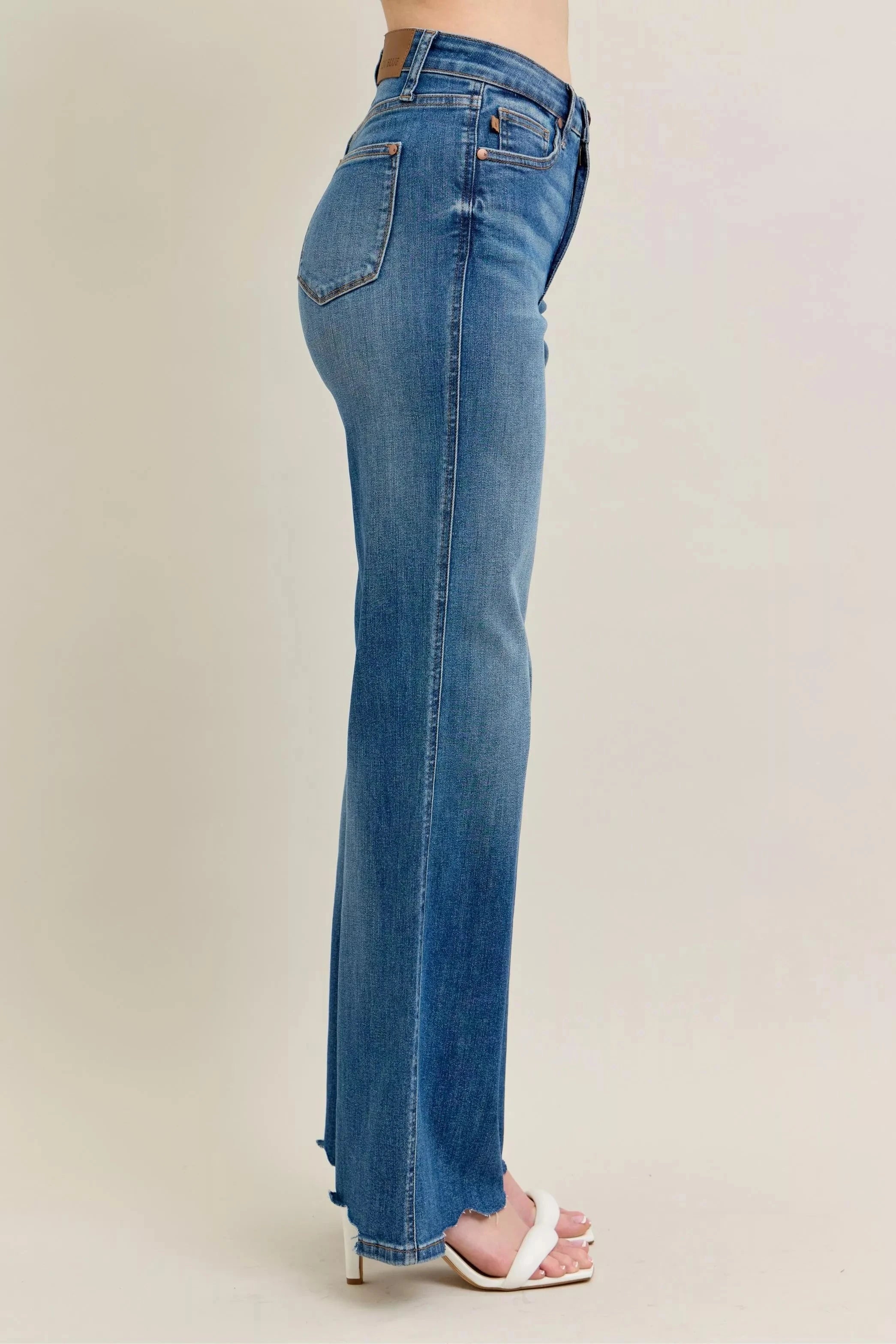 Judy Blue Full Size High Waist Tummy Control Chew Hem Destroy Wide Jeans Plus Size Coco’s Tee Boutique