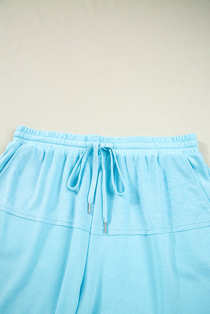 Blue Casual Aruba Blue Plus Size Solid Color Splicing Raw Hem Pullover Top Shorts Set - View 10 by Dear-Lover Dropshipping