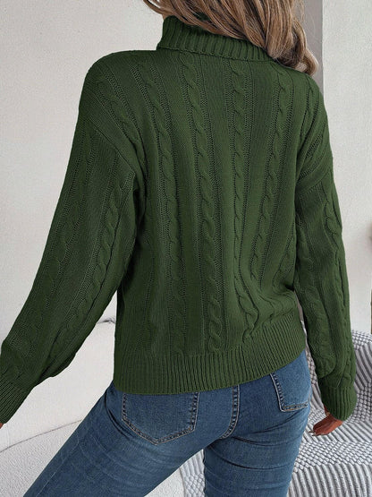 Cable-Knit Turtleneck Dropped Shoulder Sweater.